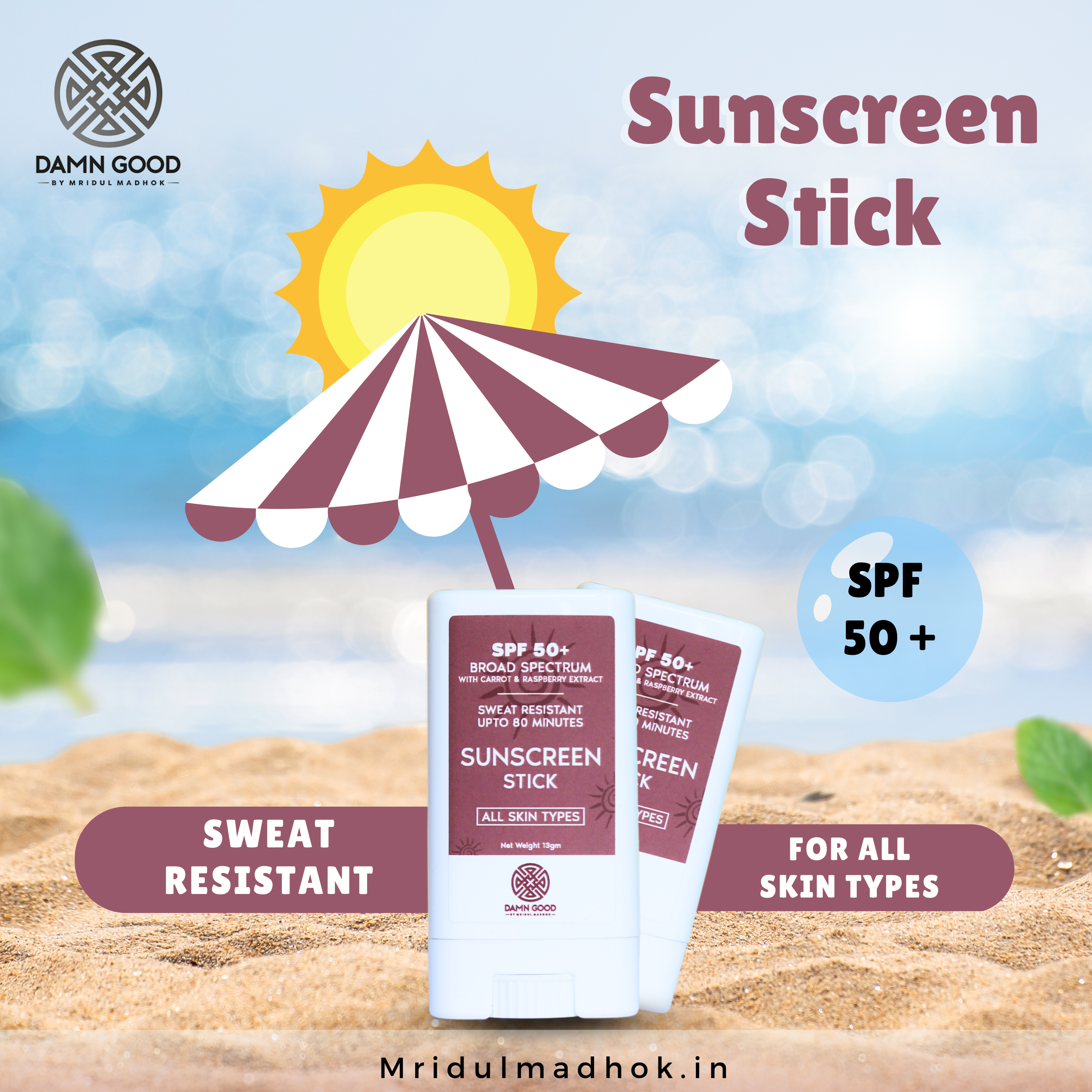DamnGood Daily Sunscreen Stick- SPF 50+ With Carrot & Raspberry Extract.