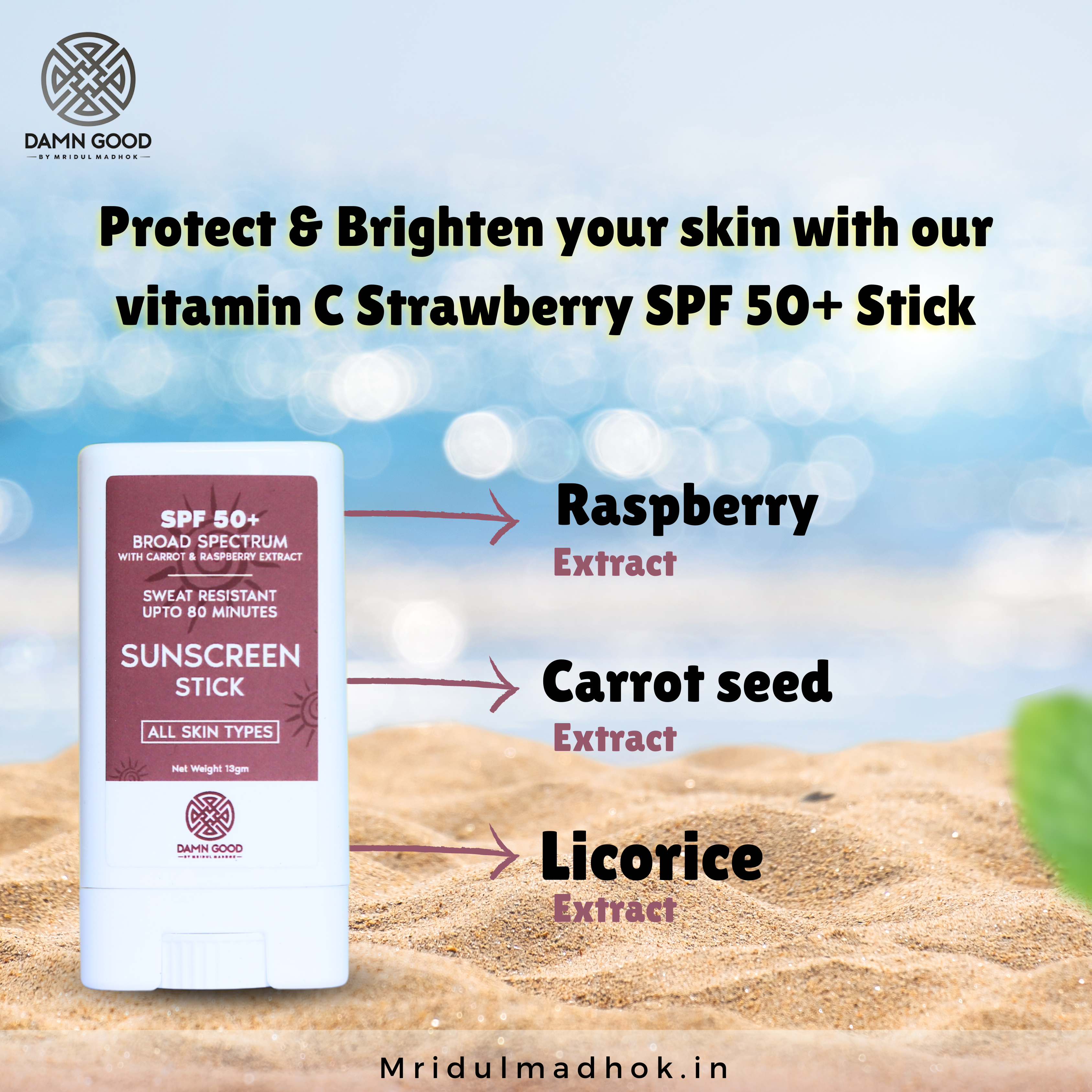 DamnGood Daily Sunscreen Stick- SPF 50+ With Carrot & Raspberry Extract.