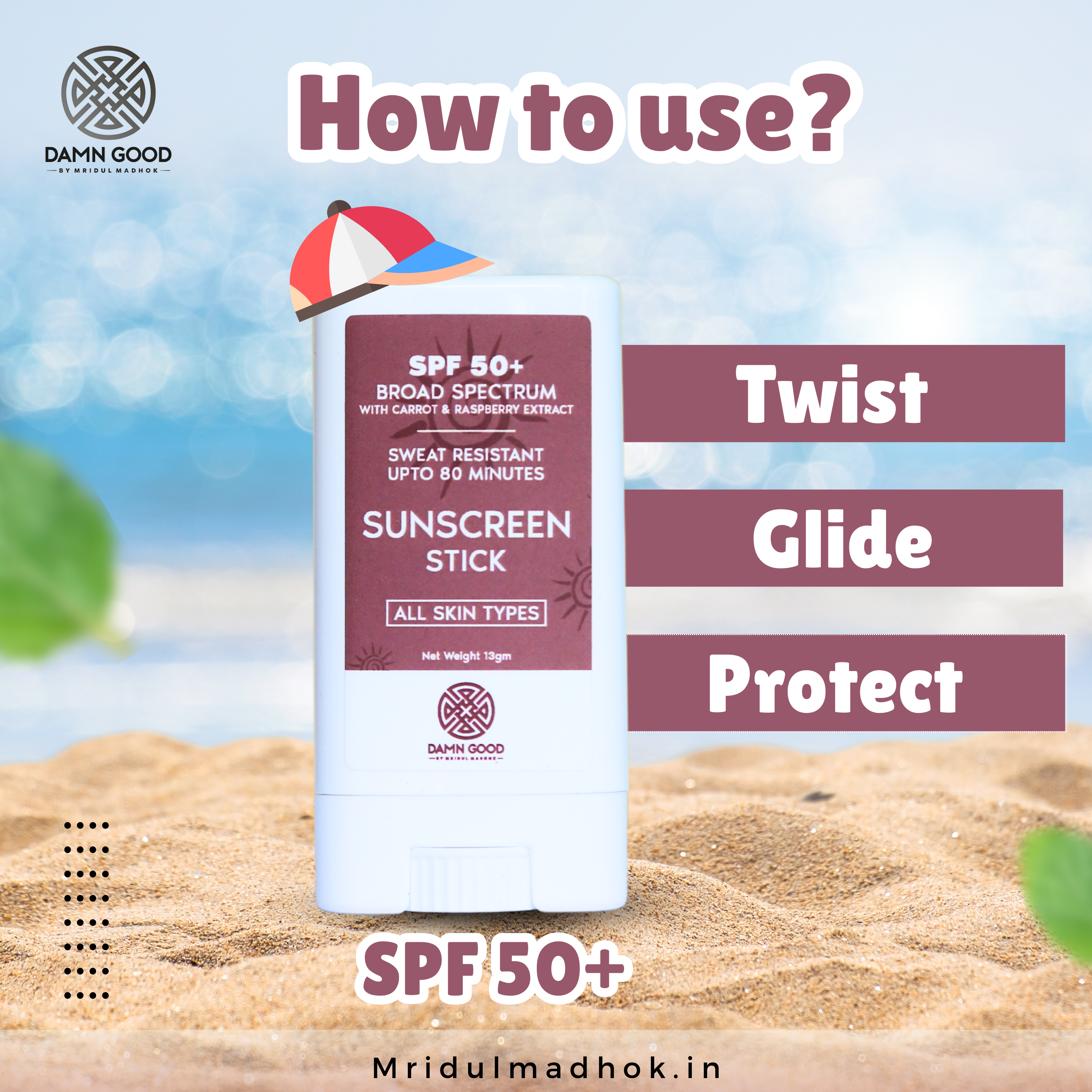 DamnGood Daily Sunscreen Stick- SPF 50+ With Carrot & Raspberry Extract.
