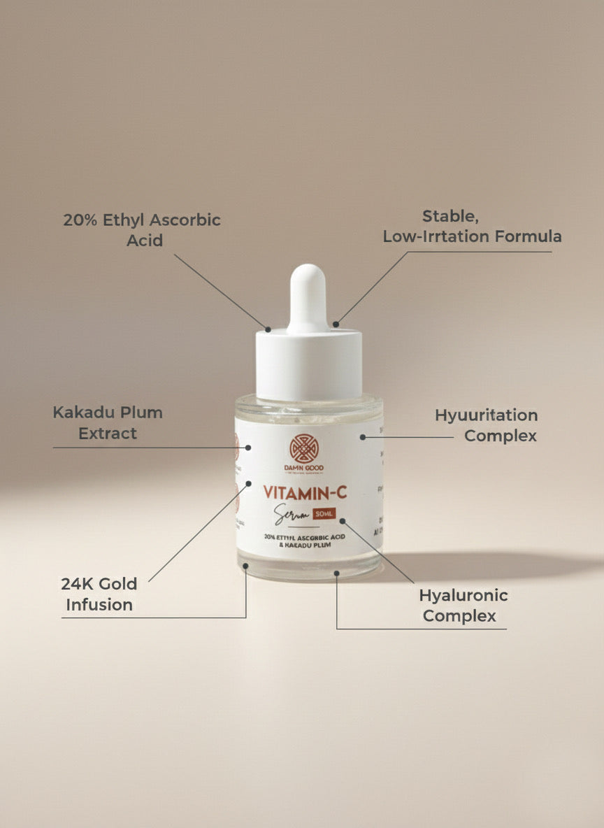 DamnGood 24K Gold Vitamin C Face Serum | 20% Stabilized Ethyl Ascorbic Acid Serum with Kakadu Plum & 24K Colloidal Gold | Supreme Radiance & Chrono-Defense Treatment