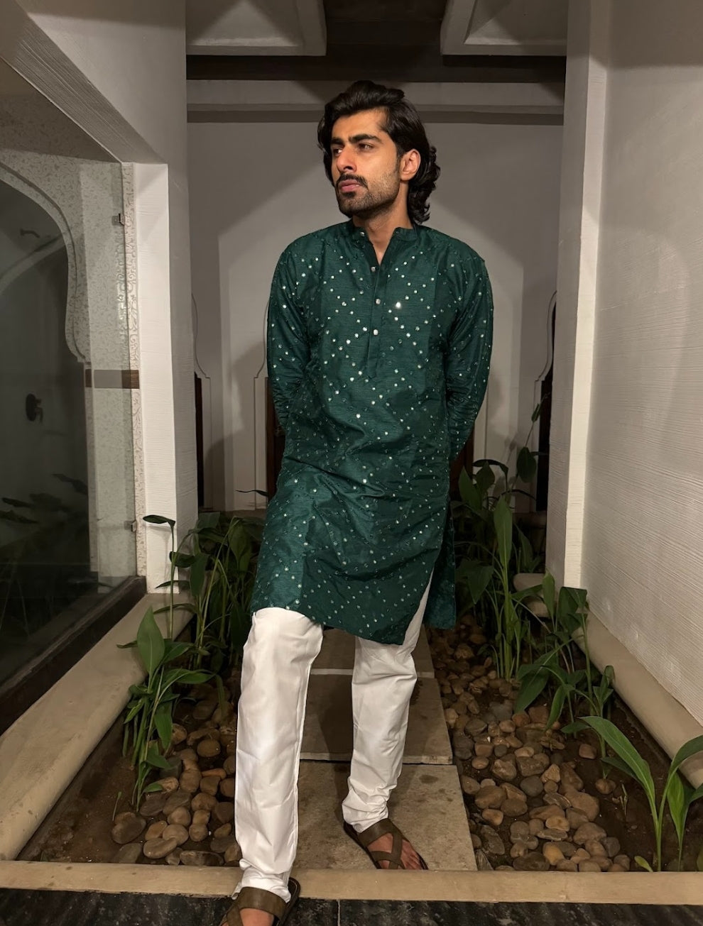 Kurta- Dupion Silk Olive Green- Mirror work