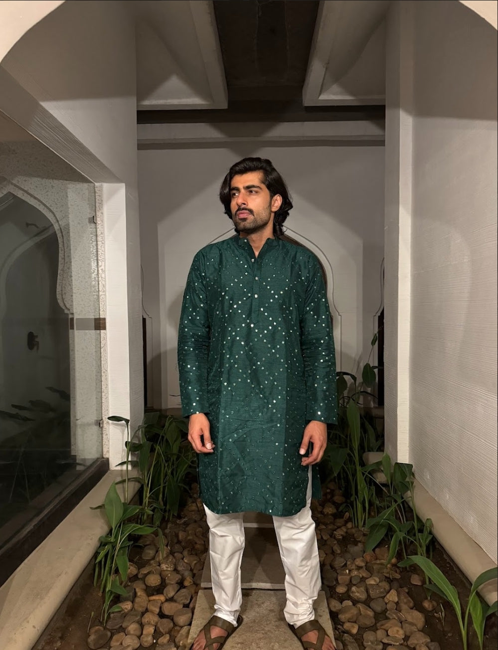 Kurta- Dupion Silk Olive Green- Mirror work