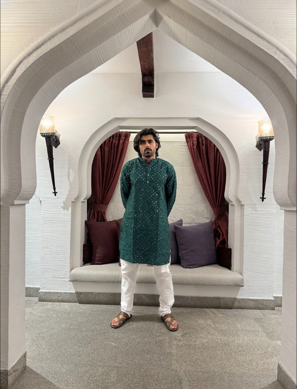 Kurta- Dupion Silk Olive Green- Mirror work