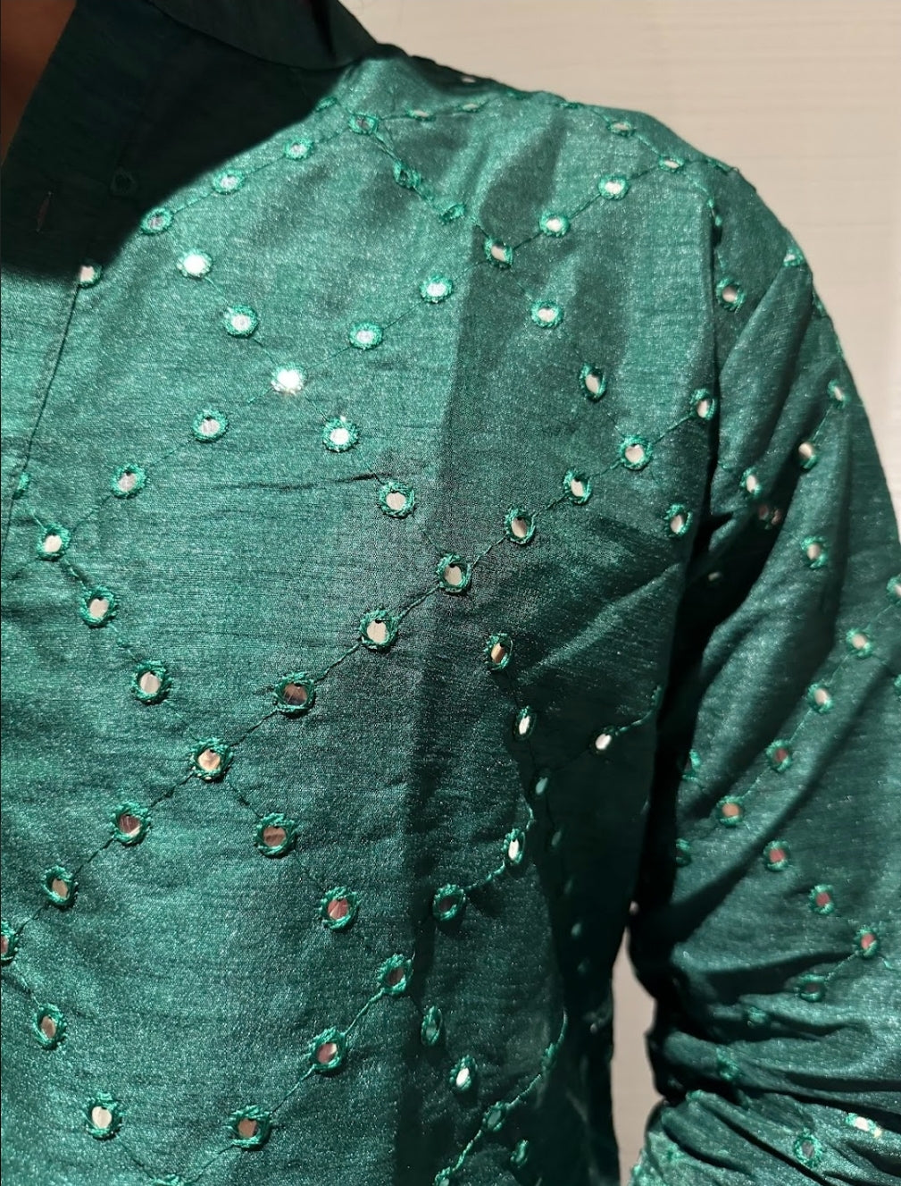 Kurta- Dupion Silk Olive Green- Mirror work