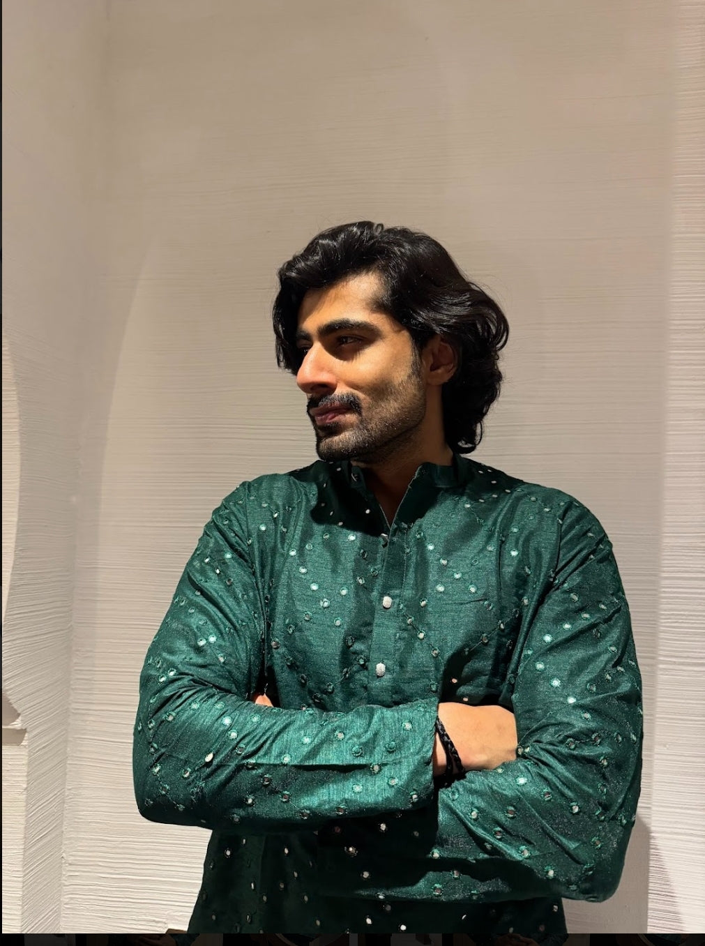 Kurta- Dupion Silk Olive Green- Mirror work