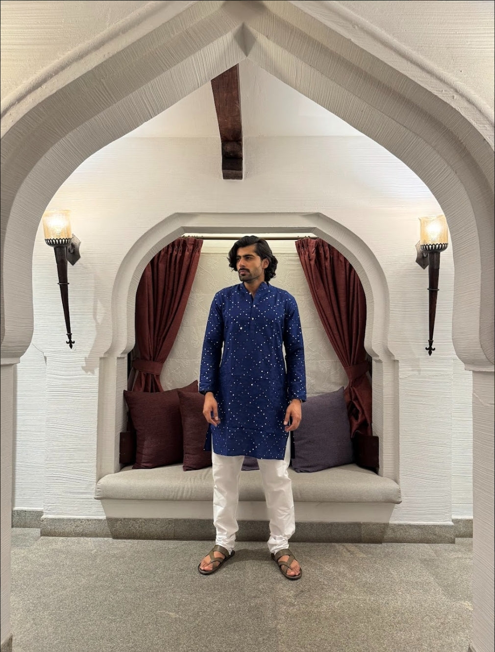 Kurta- Dupion Silk Navy Blue-  Mirror work