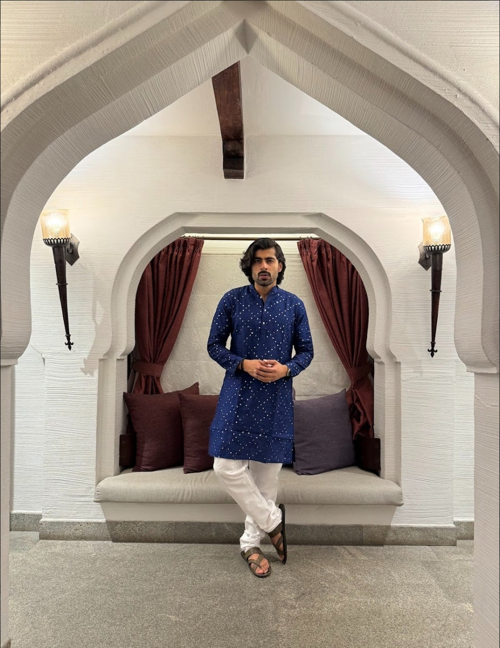 Kurta- Dupion Silk Navy Blue-  Mirror work