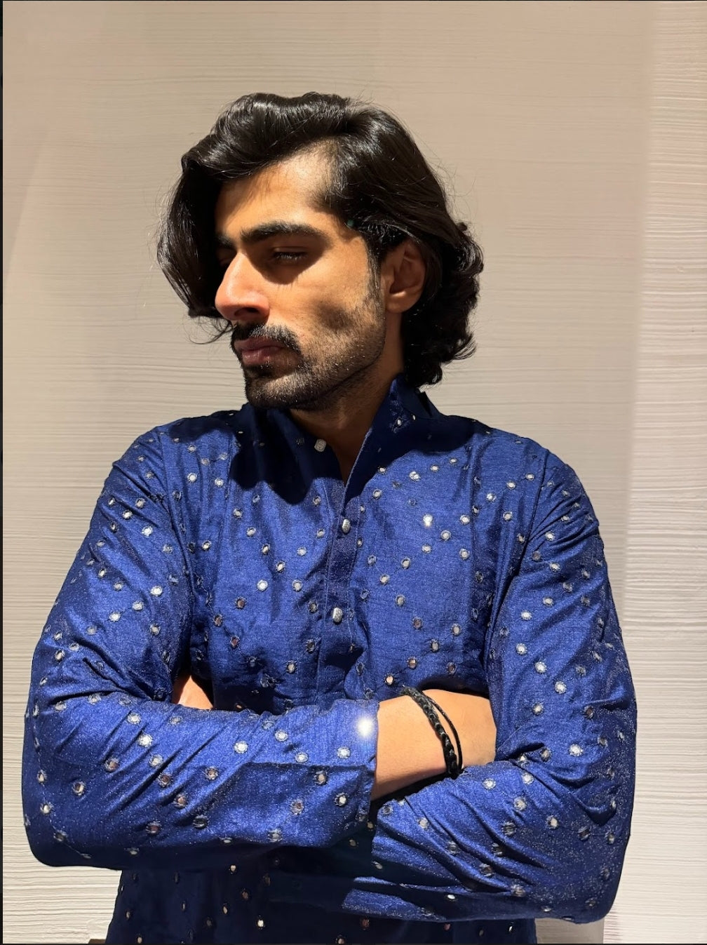 Kurta- Dupion Silk Navy Blue-  Mirror work