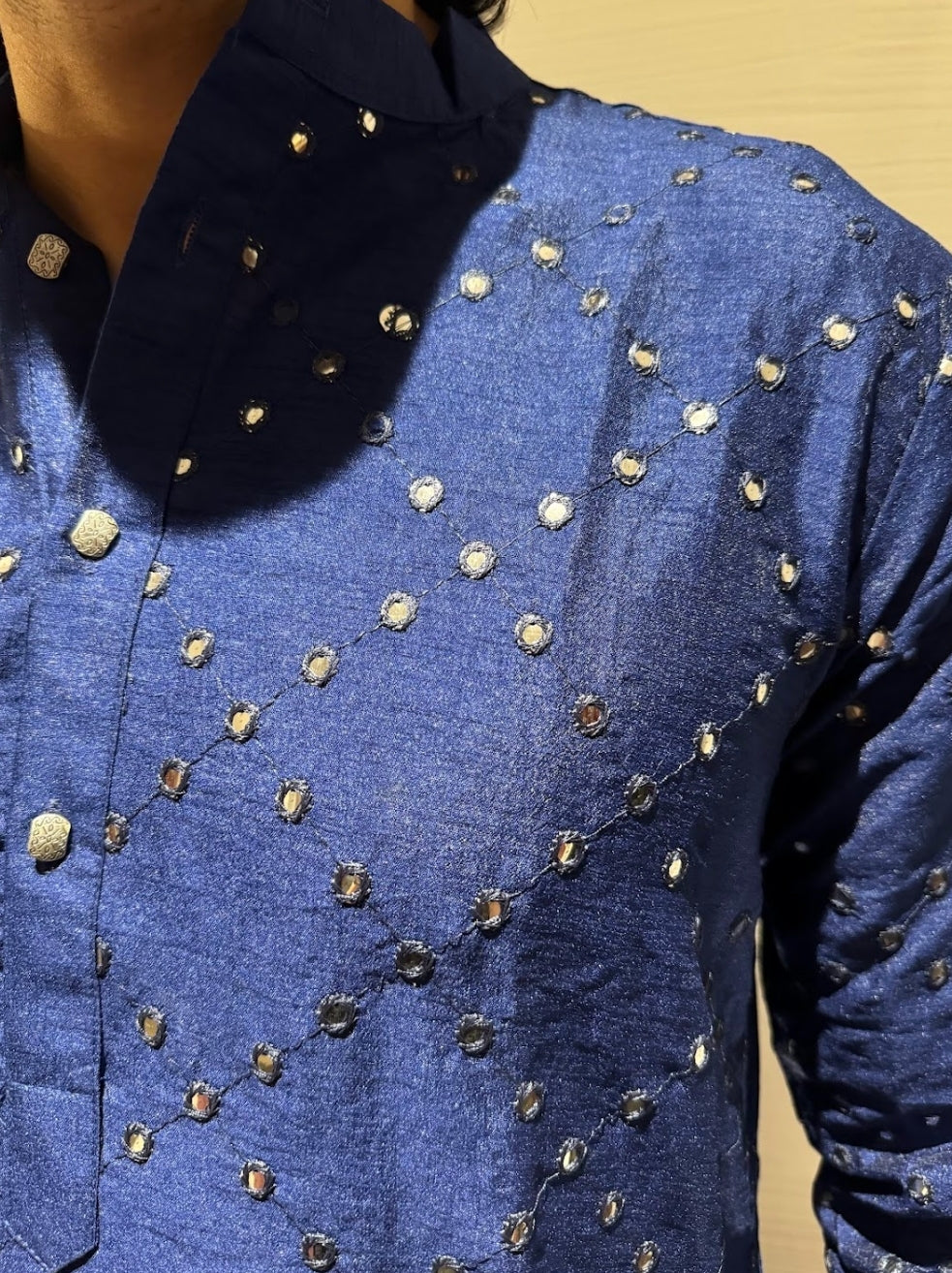 Kurta- Dupion Silk Navy Blue-  Mirror work