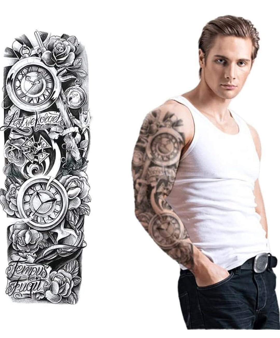 Full Arm Tattoo, Full Sleeve Arm Tattoo For Men, Ancient Old Clock Tattoo For Girls Women, Temporary Tattoo Sticker, Size 48x17CM