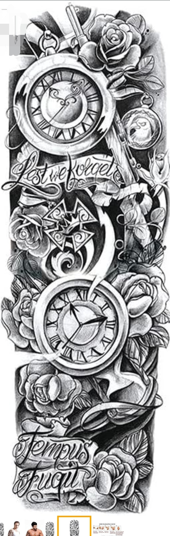 Full Arm Tattoo, Full Sleeve Arm Tattoo For Men, Ancient Old Clock Tattoo For Girls Women, Temporary Tattoo Sticker, Size 48x17CM