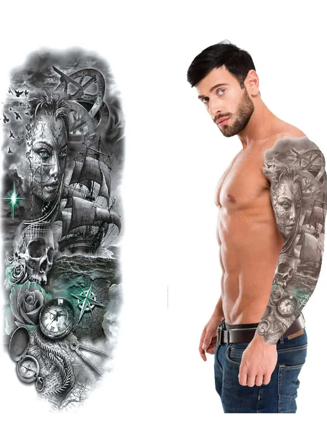 Full Arm Temporary Tattoo Beautiful Girl Green Eyes Roses Skull Compass Boat Design For Girls Women, Tattoo Sticker Size 48x17CM - 1PC.