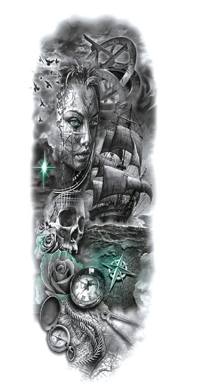 Full Arm Temporary Tattoo Beautiful Girl Green Eyes Roses Skull Compass Boat Design For Girls Women, Tattoo Sticker Size 48x17CM - 1PC.