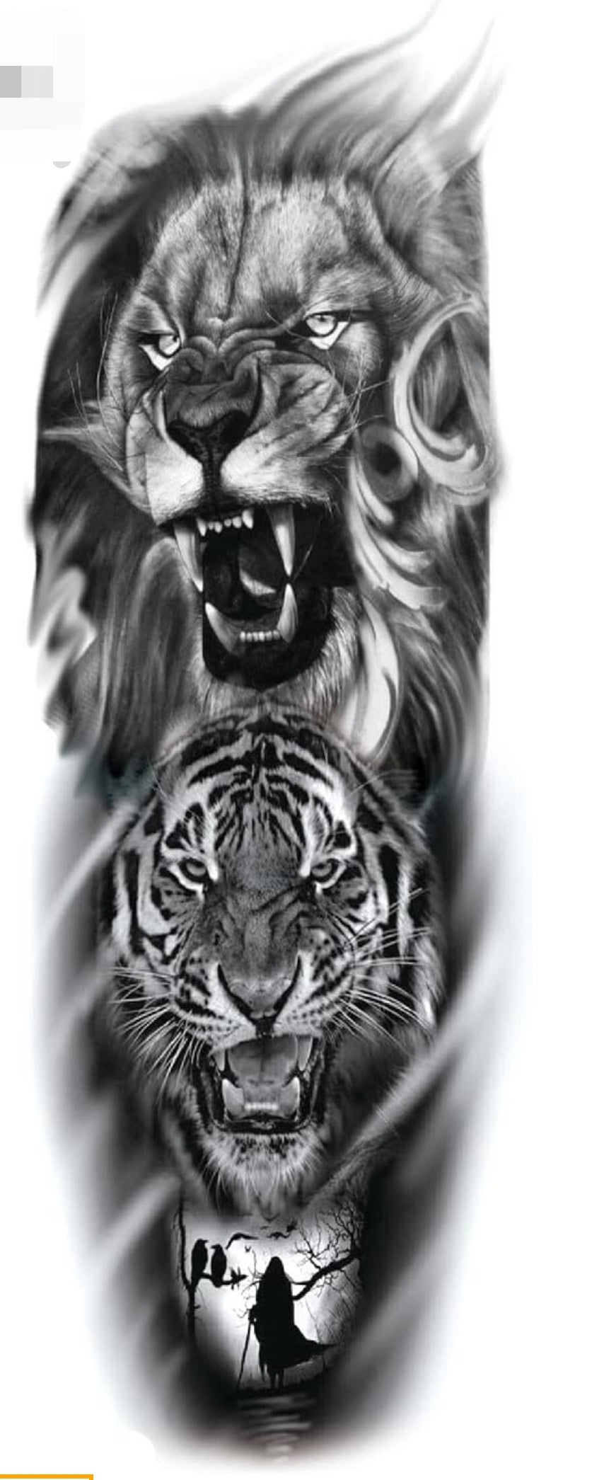 Full Arm Hand Temporary Tattoo Roaring Lion Tiger Ghost Crows Design- Size 48x17CM - 1PC