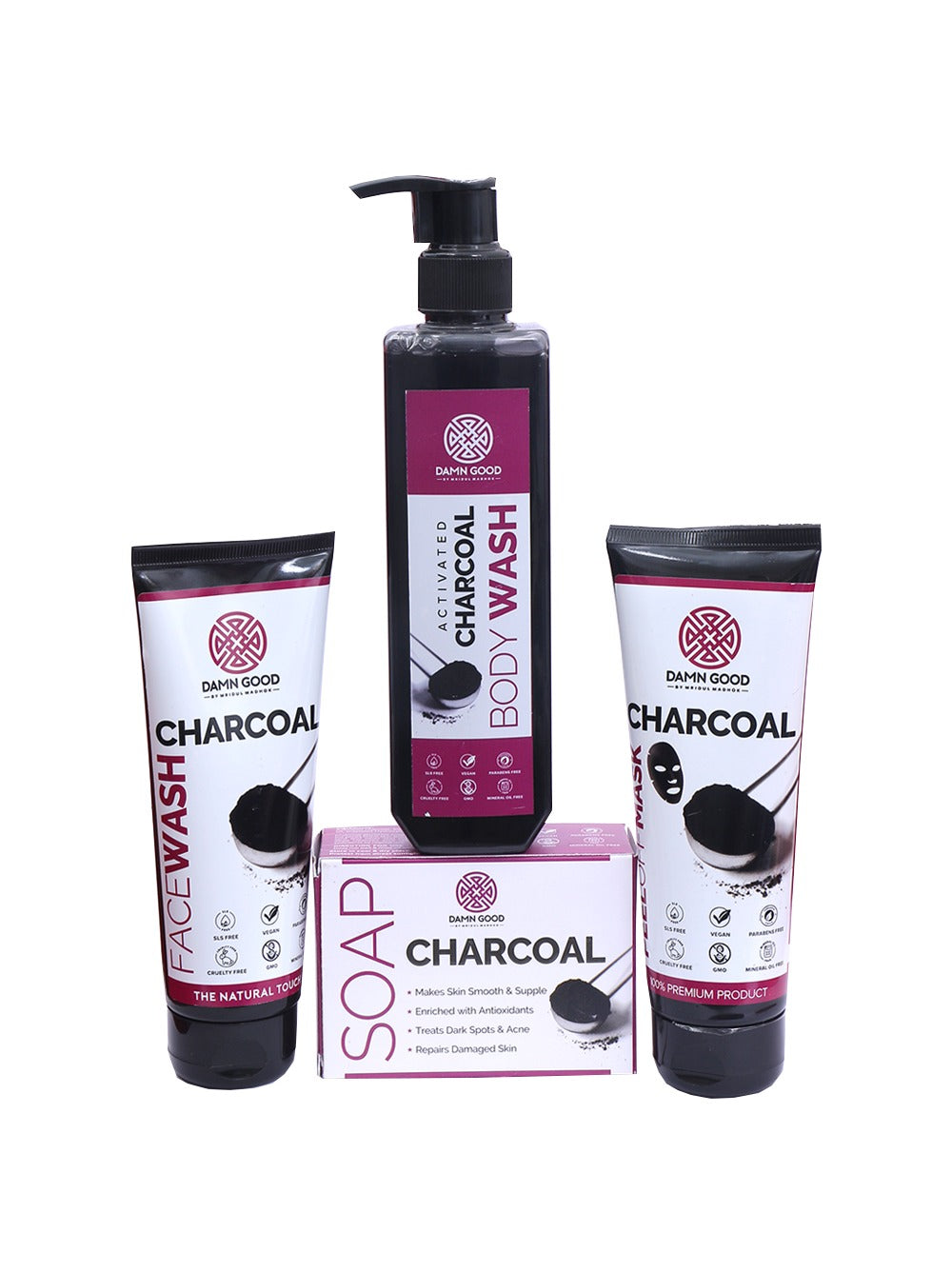 DamnGood Activated Charcoal Family- Charcoal Facewash, Peel Off, Body Wash & Soap