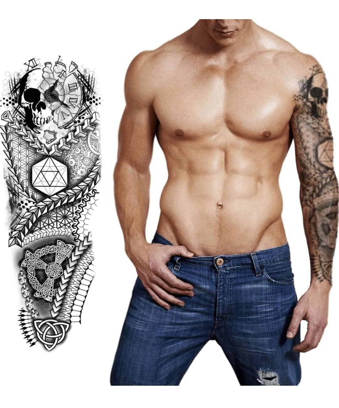 Full Sleeve Arm Tattoo For Men, Crazy Skull Clock, Geometrical For Girls Women, Temporary Tattoo Sticker, Size 48x17CM