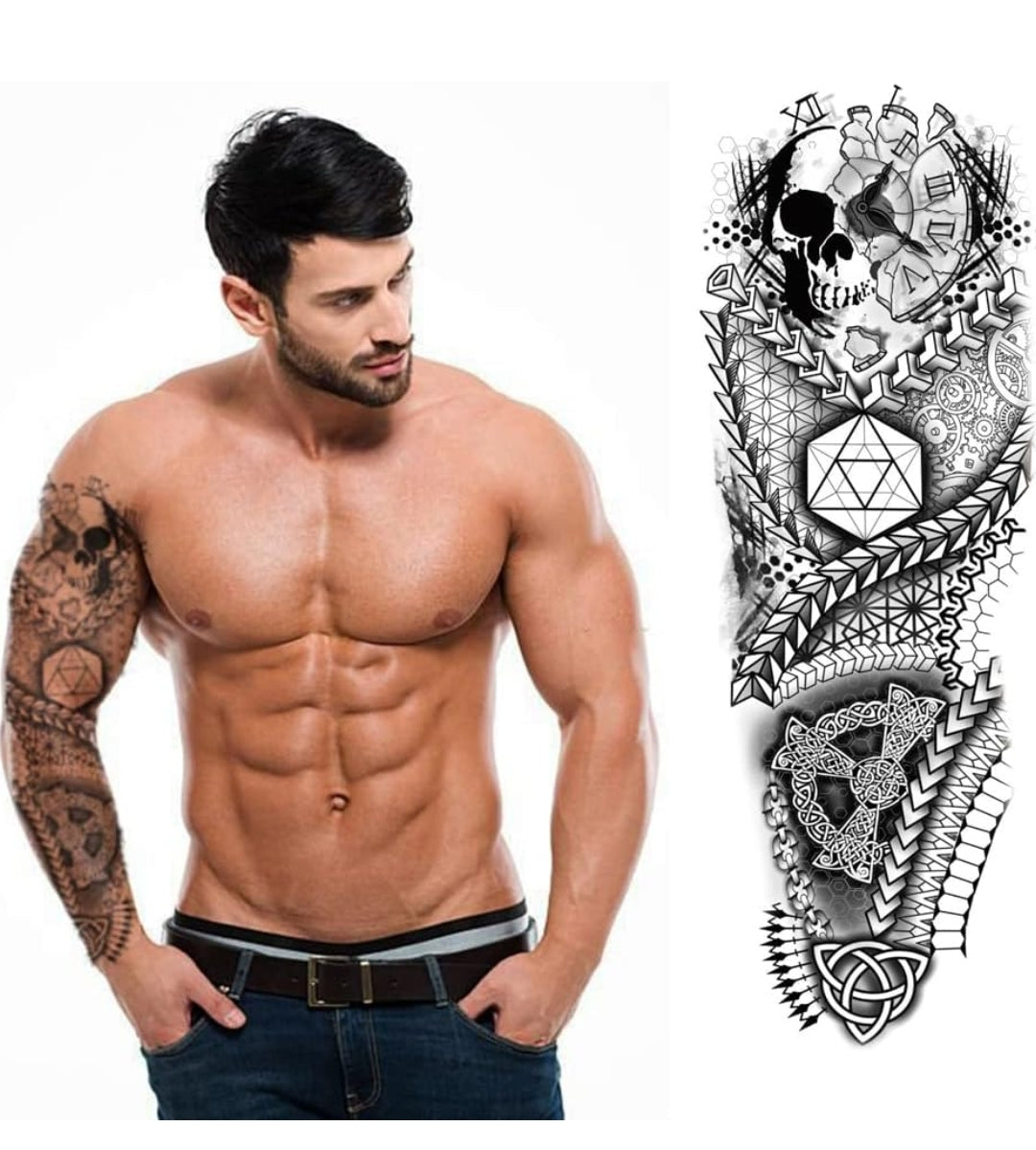 Full Sleeve Arm Tattoo For Men, Crazy Skull Clock, Geometrical For Girls Women, Temporary Tattoo Sticker, Size 48x17CM