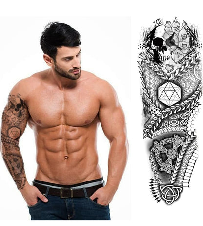 Full Sleeve Arm Tattoo For Men, Crazy Skull Clock, Geometrical For Girls Women, Temporary Tattoo Sticker, Size 48x17CM