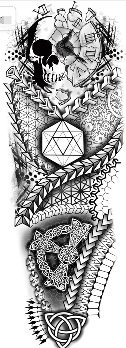 Full Sleeve Arm Tattoo For Men, Crazy Skull Clock, Geometrical For Girls Women, Temporary Tattoo Sticker, Size 48x17CM