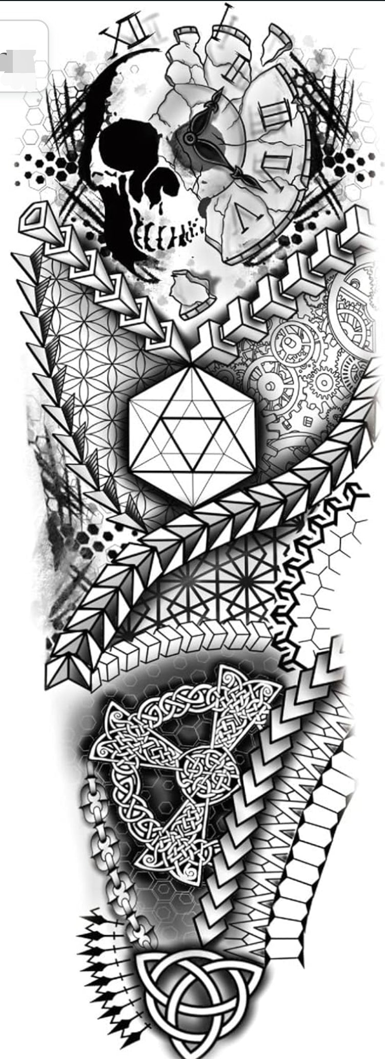 Full Sleeve Arm Tattoo For Men, Crazy Skull Clock, Geometrical For Girls Women, Temporary Tattoo Sticker, Size 48x17CM
