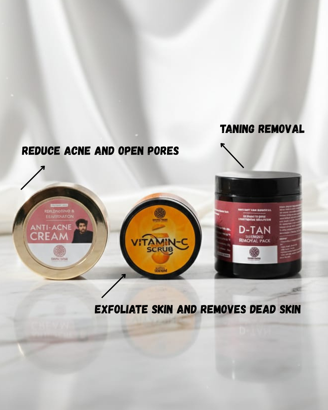 Skin Revival Trinity – The Ultimate Glow & Clear Combo (Anti-Acne + Vitamin C Scrub + D-Tan Mask)
