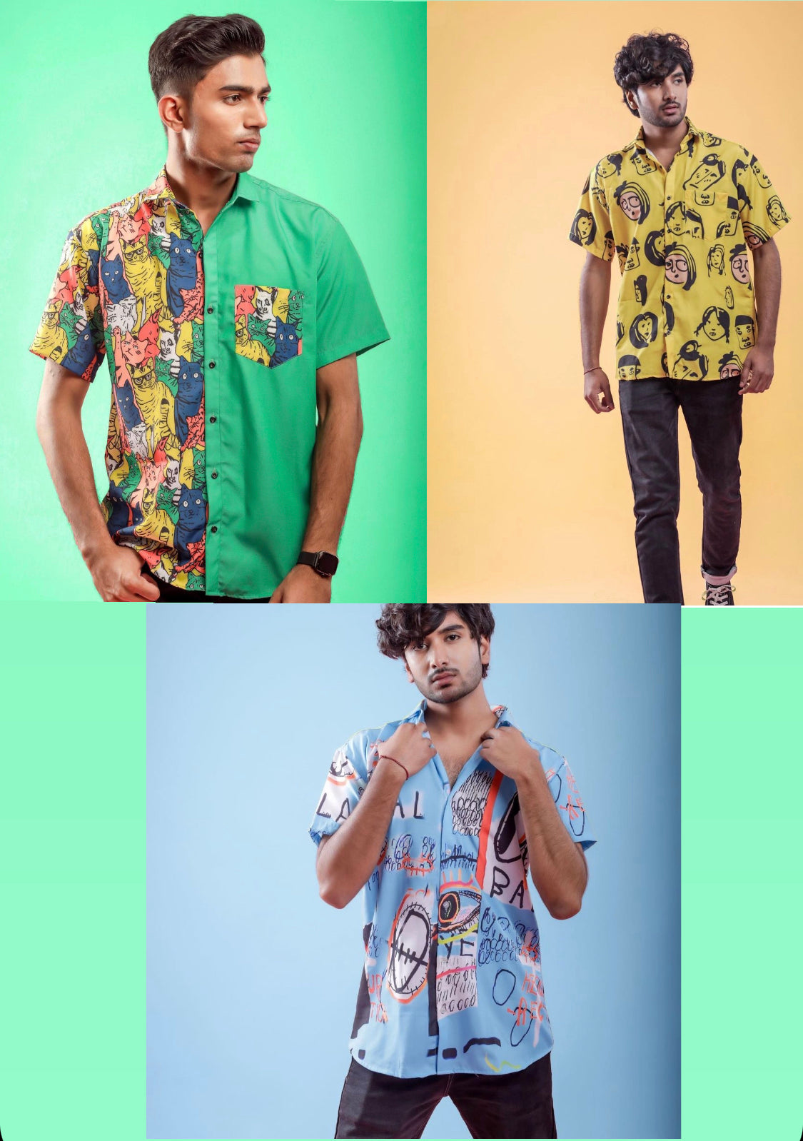 Pack of 3 - Olive, Yellow and Beach Print Blue  shirts (Vacation pack)